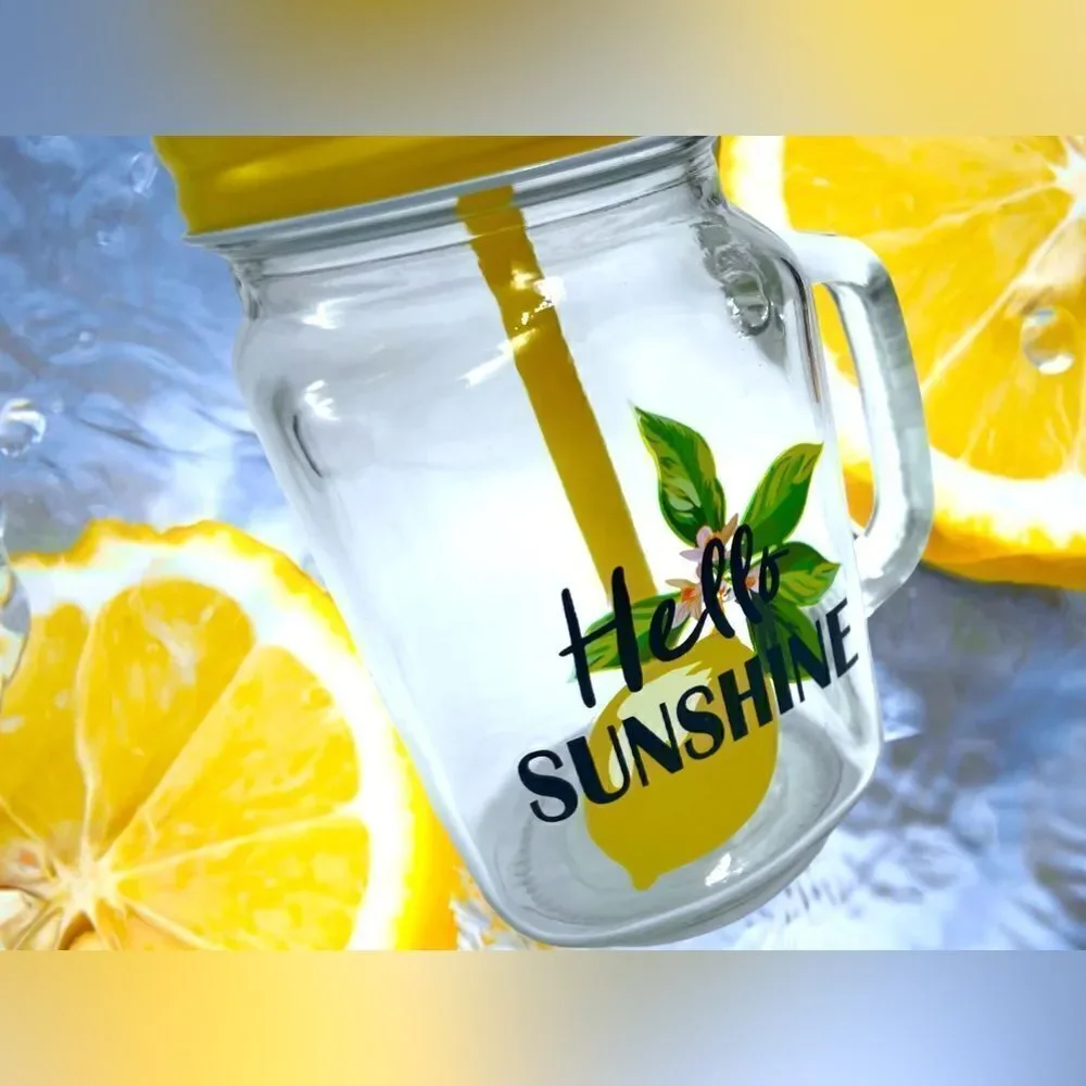 Hello Sunshine l 16 oz. l Mason Jar l w/ Decorative Lemon Straw l New
